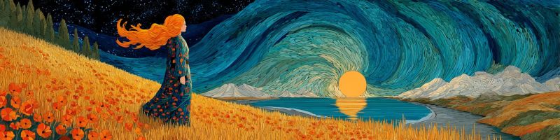 Nuit ciel etoiles montagnes eau fleurs femme cheveux robe soleil reflet arbres collines vallee prairie coquelicots Au premier plan, une femme aux longs cheveux rouges ondulant se tient dans un champ de coquelicots orange vifs. Elle porte une longue robe fluide qui correspond à la couleur des fleurs. Le champ s'étend jusqu'à l'horizon, où il rencontre un plan d'eau serein reflétant le soleil couchant. Le soleil est représenté comme un grand cercle jaune lumineux, entouré d'un ciel bleu vibrant tourbillonnant qui passe à un bleu plus foncé en s'éloignant du soleil. À l'arrière-plan, des montagnes aux sommets enneigés s'ajoutent au paysage tranquille et pittoresque.