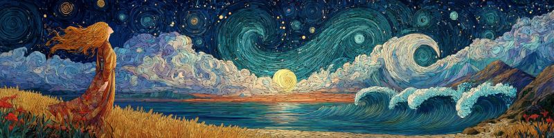 Nuit ciel etoiles nuages ocean vagues montagnes soleil coucher horizon eau reflet nature beaute Dans le tableau, une femme aux longs cheveux flottants se tient sur un champ herbeux, regardant vers l'horizon. Le ciel est d'un bleu profond, rempli de nuages tourbillonnants et d'étoiles. Le soleil se couche à l'horizon, projetant une douce lueur sur l'eau. La mer est représentée avec de grandes vagues dramatiques, et l'eau est d'un bleu profond. L'arrière-plan présente un paysage montagneux, avec des sommets partiellement voilés par les nuages. L'ambiance générale du tableau est sereine et contemplative.