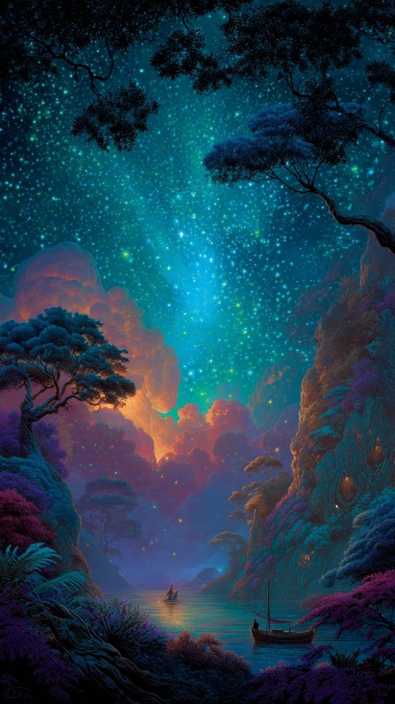 Nuit ciel etoiles nuages arbres montagnes eau bateau canoe lac foret fantaisie onirique Une scène de nuit sereine se déploie avec un lac tranquille en son centre. Le lac est bordé par une verdure luxuriante et vibrante, incluant des arbres aux branches feuillues sombres et des fleurs colorées. Le ciel au-dessus est d'un bleu profond, parsemé d'innombrables étoiles et de quelques nuages lumineux. Un petit bateau avec une seule personne à bord flotte doucement sur le lac, ajoutant une touche de présence humaine au cadre naturel. La scène est éclairée par la douce lueur des étoiles et la lumière douce de la lune, créant une atmosphère paisible et magique.