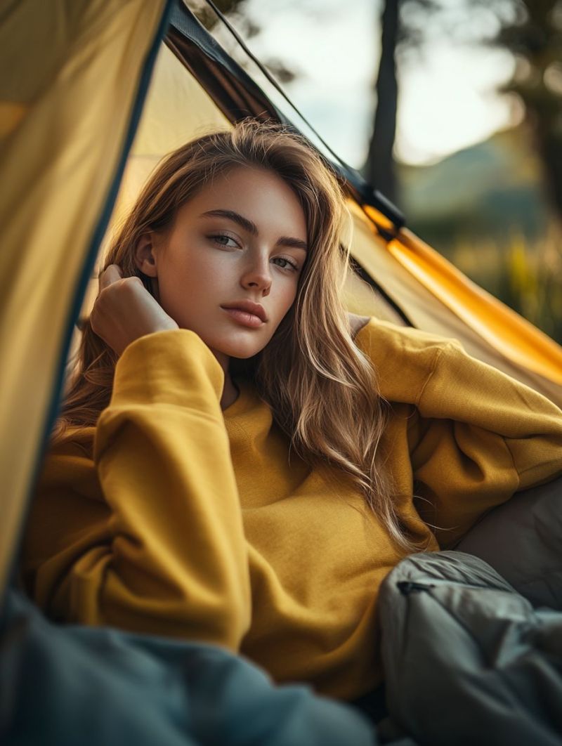 Woman camping tent outdoors nature sunlight relaxation adventure backpack hiking travel exploration freedom serenity lifestyle gear sleeping bag A woman with long, wavy blonde hair is lying inside a yellow tent. She is wearing a yellow sweatshirt and gray pants. She is looking to the right with her hand resting on her chin. The tent is open, and there is a view of a tree and a mountain in the background. The sunlight is shining on the woman and the tent.