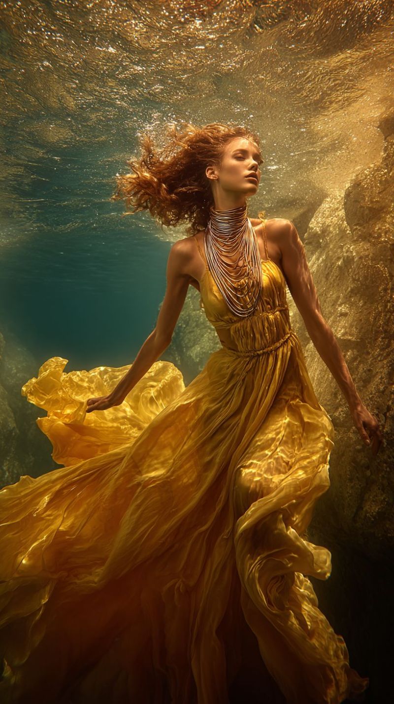 Sous marin femme robe bijoux eau rocher beaute elegant magnifique luxe glamour natation mer Une femme est submergée sous l'eau, portant une robe dorée fluide qui flotte autour d'elle. Ses cheveux bouclés flottent librement, et elle porte un long collier argenté. Elle regarde sur le côté les yeux fermés, et ses bras sont étendus avec grâce. L'eau autour d'elle est claire, avec la lumière du soleil filtrant, créant un effet scintillant. Derrière elle, il y a de gros rochers, et l'eau semble être d'un bleu profond.
