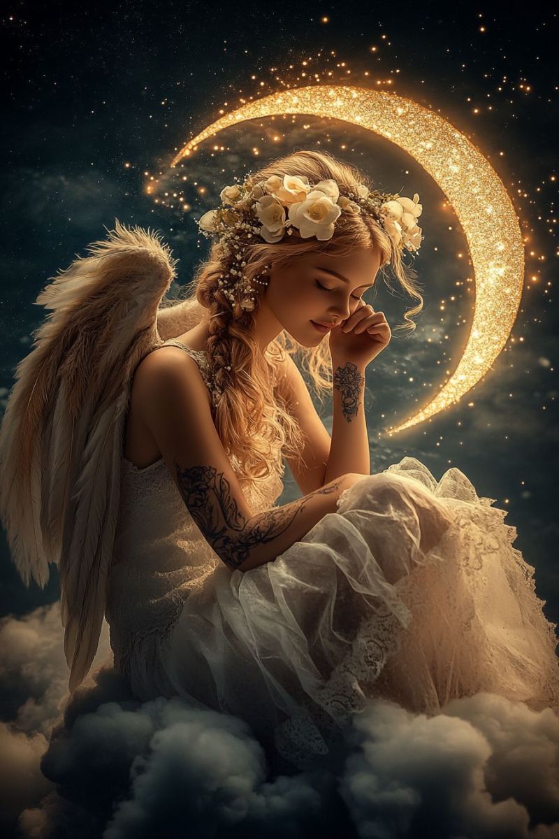 Fantasy angelique lune jour feminin ailes romantique celeste concept volant imagerie fable anges femme evoquee Fantasy angelique lune jour feminin ailes romantique celeste concept volant imagerie fable anges femme evoquee