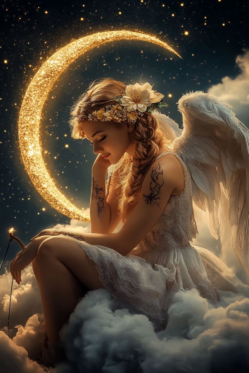 Fantasy angel moonlight celestial mythical creatures female tattooed arm cosmic night sky constellations stylish imagery Fantasy angel moonlight celestial mythical creatures female tattooed arm cosmic night sky constellations stylish imagery