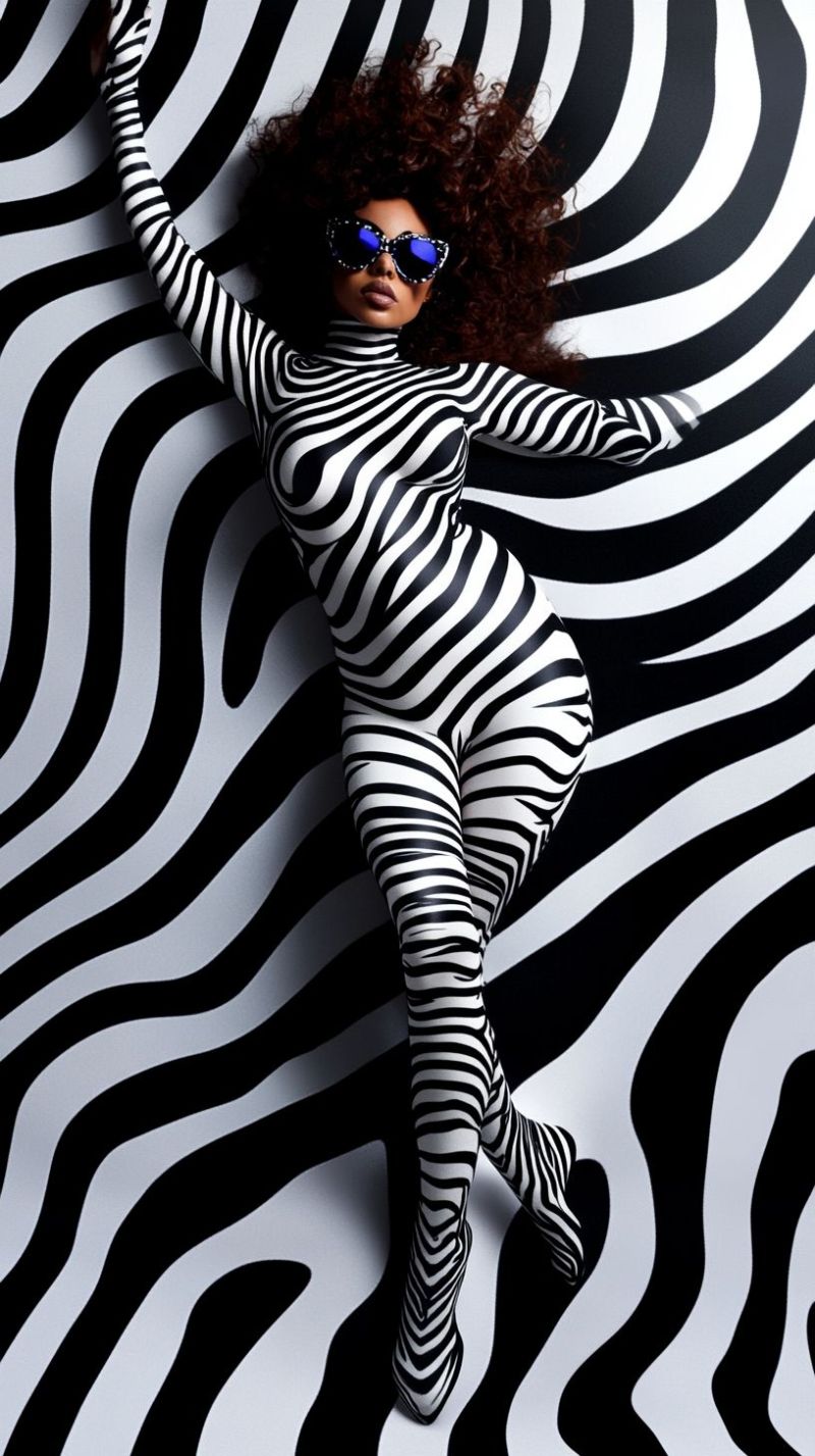 Woman fashion beauty shoot design designer magazine editorial show trend A woman lies on a zebra-patterned , wearing a full-body suit that mimics zebra stripes. She has curly hair and is wearing large, round sunglasses with blue lenses. Her body is arched, and she appears to be posing for a photograph. The zebra pattern on the  is a mix of black and white stripes, creating a dynamic and visually striking effect.