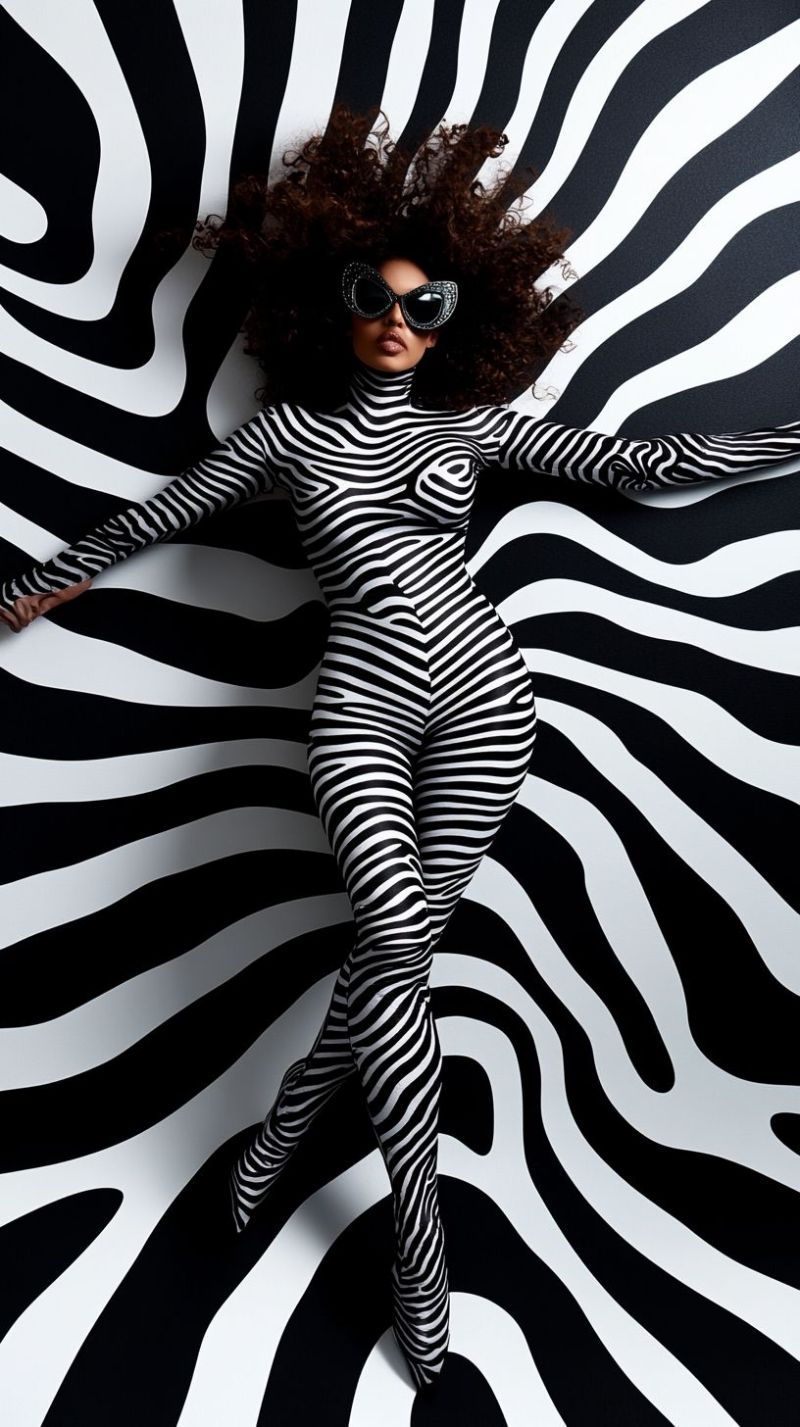 Femme mode mannequin beaute design designer defile semaine magazine editorial Une femme est allongée sur un fond à motif zébré, portant un costume intégral à imprimé zèbre en noir et blanc. Ses cheveux sont bouclés et coiffés vers le haut, et elle porte de grandes lunettes de soleil noires avec des éléments décoratifs. Ses bras sont écartés sur les côtés, et ses jambes sont pliées aux genoux, avec un pied légèrement levé. Le fond présente un motif zébré dynamique et tourbillonnant en noir et blanc.