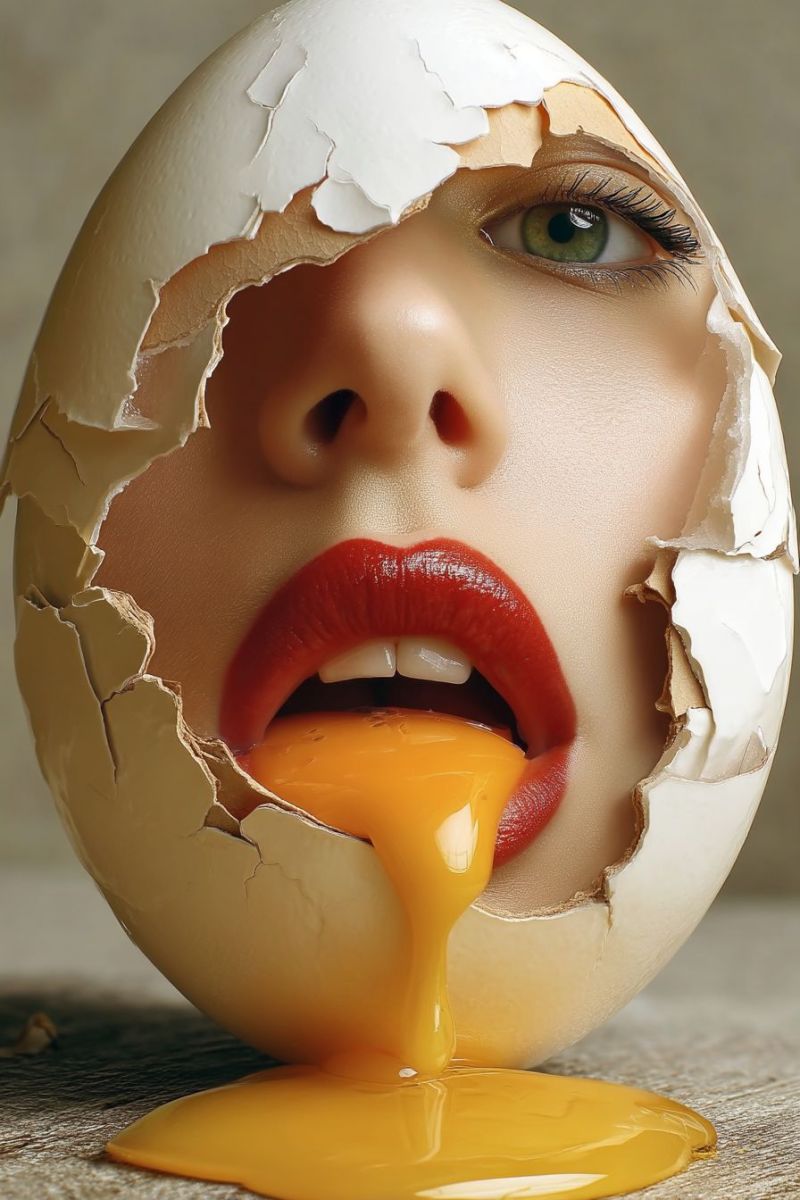 Beaute fissure creatif design oeuf visage mode nourriture maquillage pop culture Le visage d'une femme émerge d'un coquille d'oeuf fissurée, sa bouche ouverte comme si elle mangeait le jaune d'oeuf. La coquille est brisée en morceaux, et le jaune s'écoule, créant une éclaboussure sur la surface en bois. La femme porte du rouge à lèvres rouge et a les yeux verts, et son visage est légèrement flou. L'arrière-plan est flou, et il semble s'agir d'un décor de studio