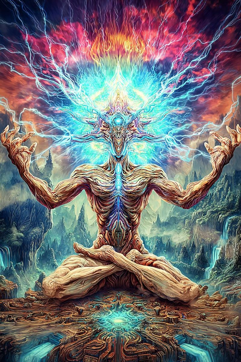 Blue colorful concept energy fantasy fire flame glow imagination magic meditation mind power sky A large figure sits in a meditative pose on a rocky surface, surrounded by a vibrant, swirling background of blue, red, and yellow hues. The figure's body is intricately detailed, resembling a tree with bark-like skin and branches for limbs. Its head is adorned with a crown of lightning bolts, and its eyes glow with a blue light. The figure's hands are raised in a gesture of enlightenment or power. In the background, there are mountains and a waterfall, adding to the mystical atmosphere.