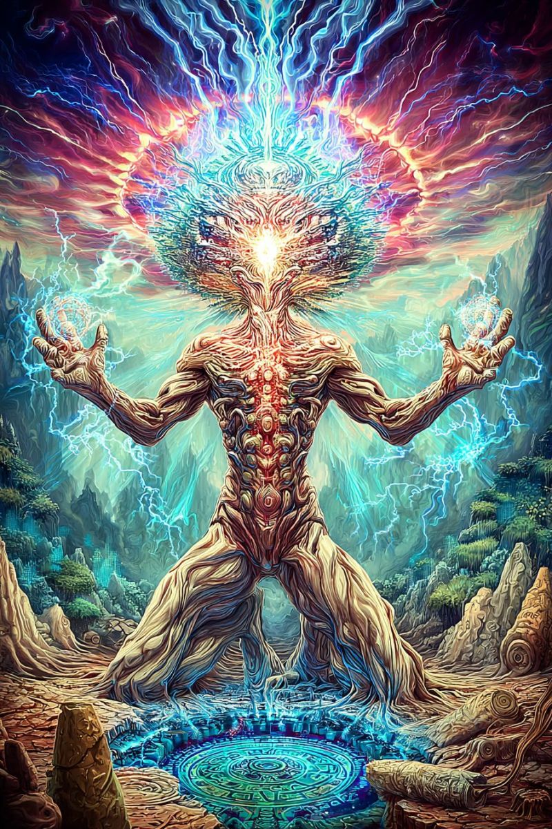 Fantasy magic mystical nature tree lightning water rocks mountains forest colorful energy power spirit symbolism mythology imagination creativity In the center of the image is a large, humanoid figure with a tree-like body, standing on rocky terrain. The figure has a glowing, multicolored aura around its head, with blue and red lightning bolts emanating from it. The figure's arms are outstretched, and it appears to be in a meditative or contemplative pose. The background is a vibrant mix of colors, including blues, reds, and yellows, with a circular pattern in the foreground that resembles a mandala or a sacred geometry design. The overall atmosphere of the image is mystical and otherworldly, with a sense of energy and power emanating from the figure.