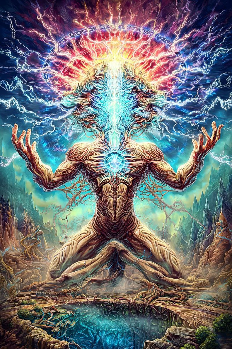 Blue colorful concept design fantasy fire flame glow imagination magic mystical painting pattern texture A large, humanoid figure with tree-like limbs and roots is seated in a meditative pose. The figure's body is covered in bark-like textures, and its hands are raised in a gesture of blessing or protection. The background is a vibrant, swirling mix of colors, including blues, purples, and reds, with streaks of light resembling lightning. The figure's head is crowned with a halo of light, and its eyes are closed, suggesting a state of deep meditation or spiritual connection. The overall atmosphere is mystical and otherworldly, with a sense of power and serenity.