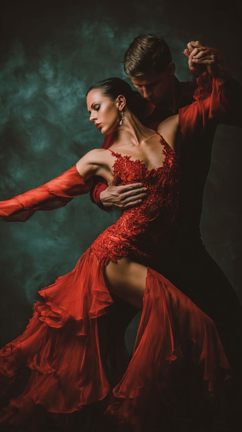 Couple romance passion elegant salle bal romantique intime performance expression emotion grace rouge robe Un homme et une femme dansent étroitement l'un contre l'autre. La femme porte une robe rouge avec des détails en dentelle complexes, et ses cheveux sont coiffés de manière à flotter librement. L'homme est vêtu d'un costume noir et tient la taille de la femme d'une main tandis que l'autre main est sur son dos. Ils regardent tous les deux vers le bas, peut-être en se concentrant sur leurs pas de danse. L'arrière-plan est sombre et quelque peu flou, suggérant un cadre de studio.