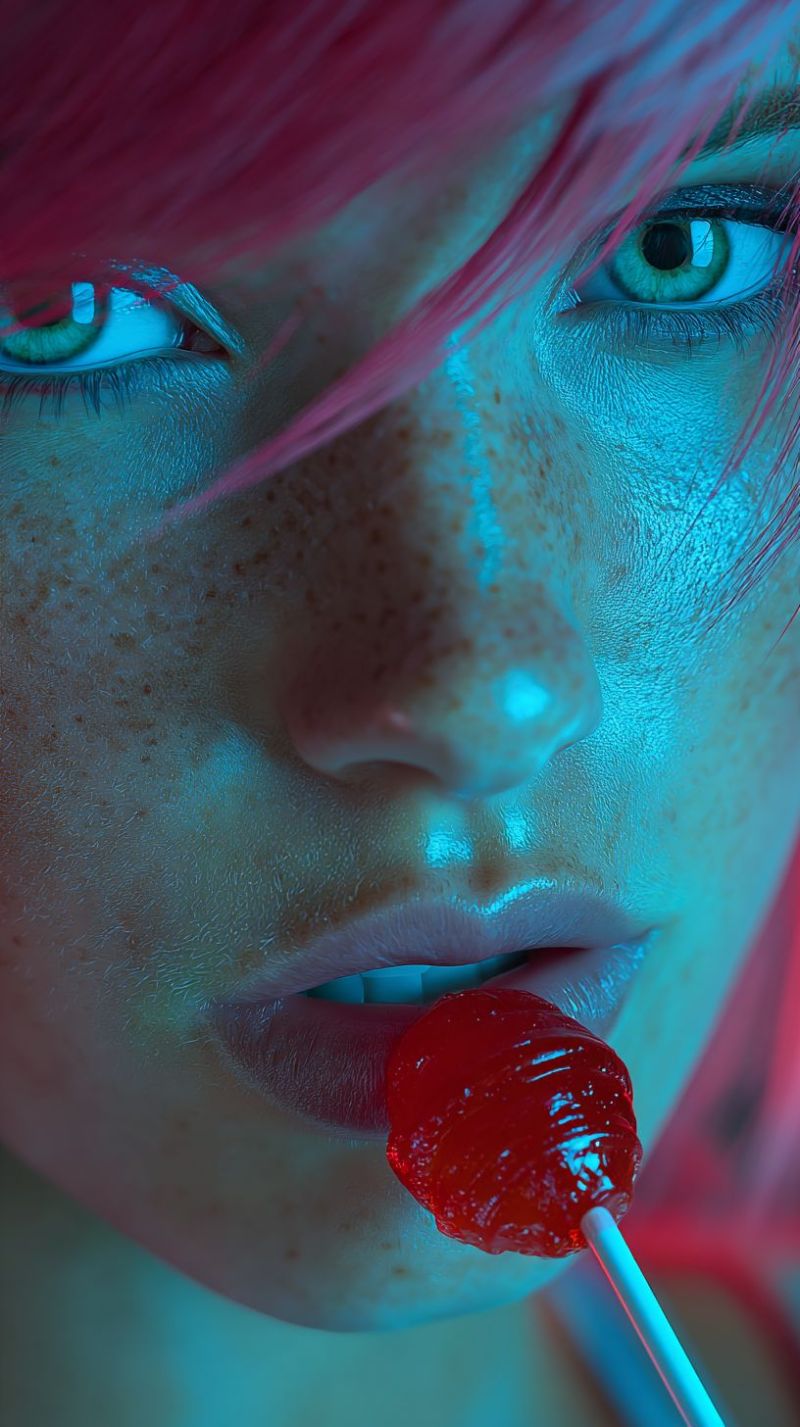 Taches rousseur sucette pays bonbons rouge rose vert yeux canne magasin boutique amoureux Un gros plan du visage d'une femme aux cheveux roses et aux taches de rousseur. Elle a les yeux verts et tient une sucette rouge dans sa bouche. La sucette est sur un bâton blanc et est partiellement couverte par ses lèvres. Le visage de la femme est illuminé par une lumière bleue, et sa peau a une teinte légèrement rosée. L'arrière-plan est flou et hors de focus.
