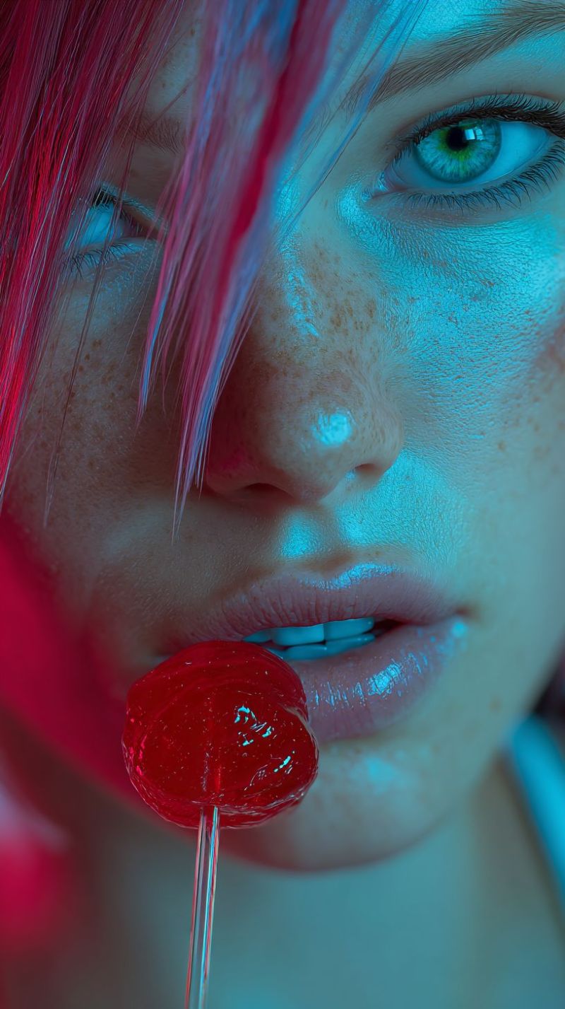 Taches rousseur bonbon sucre rouge sucette rose bleu clair vert yeux canne pomme mais barre fil dentaire boutique Un portrait rapproché d'une femme aux traits saisissants. Elle a des cheveux rouges vibrants avec un mélange de teintes roses et bleues, coiffés de manière à ce que quelques mèches tombent sur son visage. Ses yeux sont d'une teinte verte captivante, avec de longs cils foncés. Elle a quelques taches de rousseur sur ses joues et son nez, ajoutant à sa beauté naturelle. Elle tient une sucette rouge dans sa bouche, ses lèvres légèrement entrouvertes, révélant ses dents. L'arrière-plan est doucement flou, avec un dégradé bleu et rose, mettant en valeur le focus sur son visage.