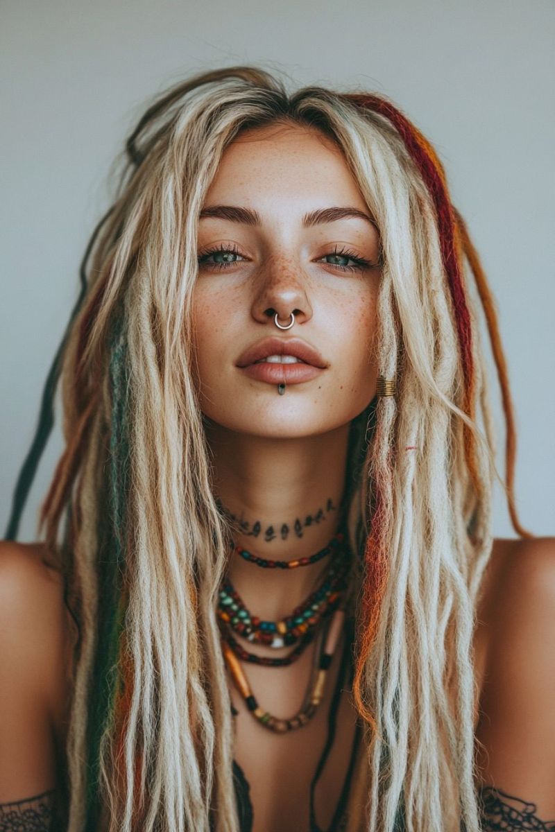 Cheveux emotion tatouages cou degrades mode alternative feminin coiffure rastique accessoires individualite contemporain Une photo d'une personne avec des cheveux longs stylés en dreadlocks. Elle porte une maquillage lourd, principalement le rouge à lèvres sombre et les traits de coeur forts. Le visage a une tarte ou un piercing sur la gauche inférieure du visage, ce qui ne convient pas aux jeunes adultes typiques. L'individuelle a des tatouages visibles au cou et à l'épaule, ce qui contribue à son apparence unique. Elle porte un collier avec plusieurs fils, ce qui complète son look édgy. Elle regarde directement la caméra avec une expression neutre. Le fond est déphasé mais suggère un cadre intérieur, peut-être une salle avec des murs texturés. Le style de la photo est moderne et à la mode.