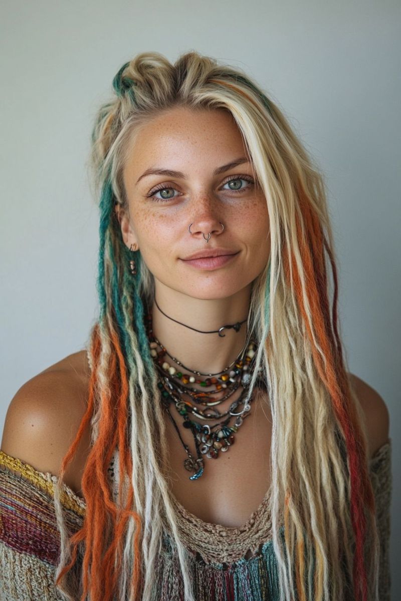 Hipster cheveux dreadlocks tissu rayures mode alternatif coiffure unique bohemienne fringe bijoux fabriques main collier rasta beaute Le personnage possède un coiffure complexe, dominée par des nuances de vert et de bleu. Ses cheveux sont dressés en dreadlocks et plusieurs couleurs sont tissées à travers les dreadlocks. Il porte une perle avec plusieurs filaments qui présentent différents motifs et couleurs. Le personnage regarde directement la caméra avec un sourire légèrement visible. On peut apercevoir un tatouage sur son bras droit, même si les détails du tatouage ne sont pas clairs dans cette image. Son maquillage comprend des sourcils bien définis et une gueule de lion qui lui donne un look épuré. Le personnage porte une chemise qui suggère un style boho avec des bordures ou des tassés autour du col. Le fond est neutre, se concentrant sur l'individu.