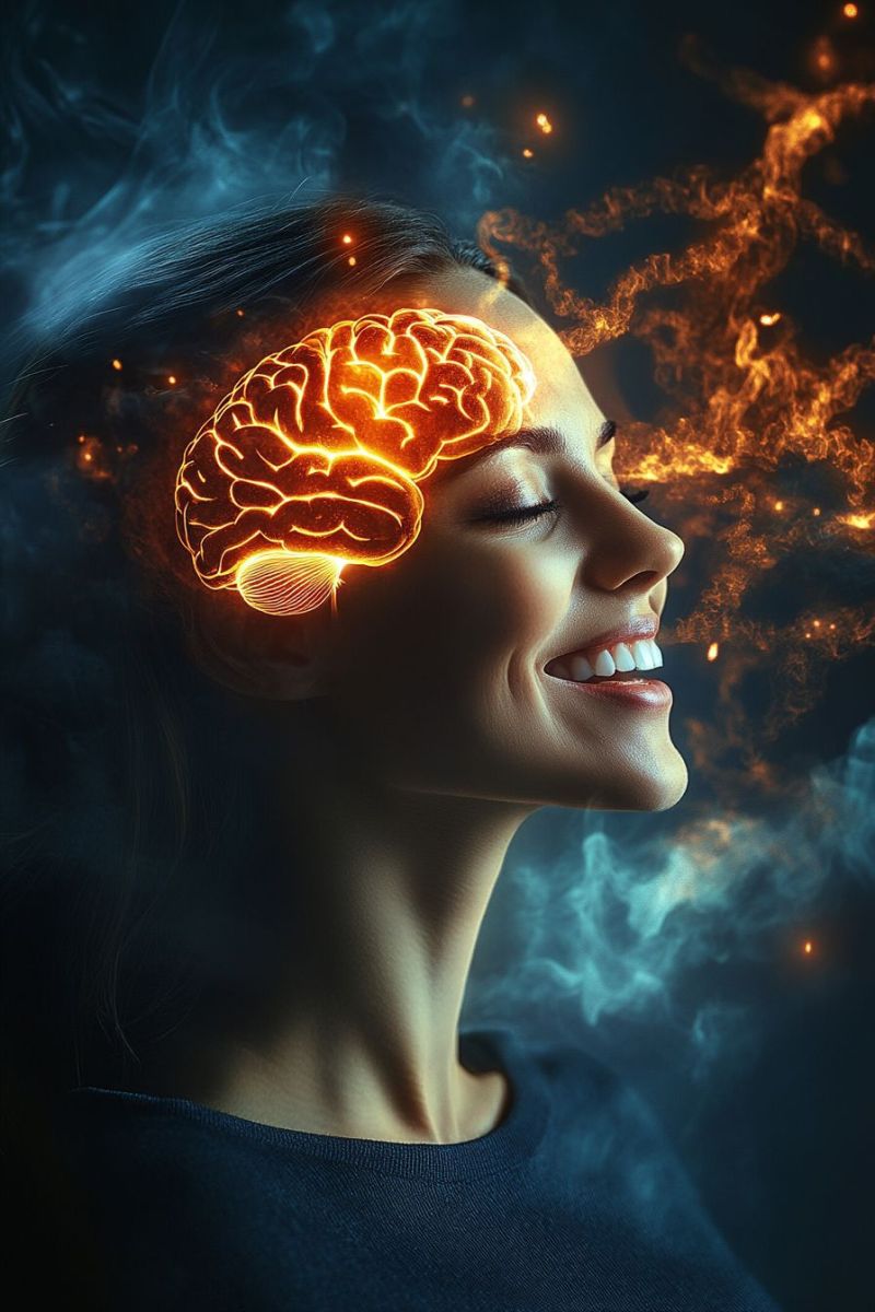Brain fire smoke woman head eyes smile creative imagination inspiration thought consciousness mind A woman with her eyes closed, smiling, and appearing to be in a state of deep relaxation or meditation. Her head is surrounded by a glowing, fiery brain illustration, symbolizing heightened mental activity or creativity. The background is dark blue with swirling patterns of light and fire, adding to the mystical and imaginative atmosphere.