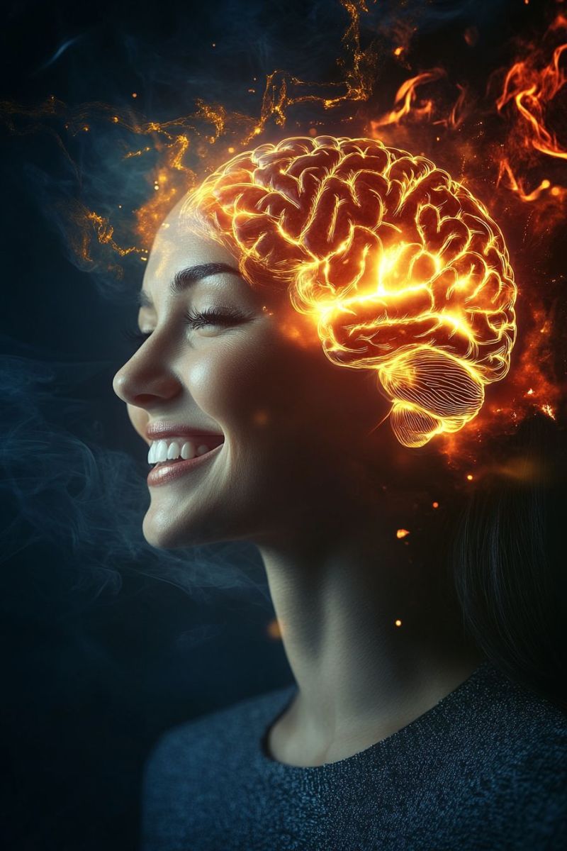 Brain fire smoke woman head smile eyes hair dark glow shadow fantasy imagination A smiling woman with her eyes closed, her head surrounded by a glowing, fiery brain illustration. The brain is depicted in a vibrant orange and yellow hue, with intricate details showing the brain's structure. The background is dark, with wisps of smoke and light rays emanating from the brain, creating a mystical and ethereal atmosphere. The woman's face is illuminated by the light from the brain, and she appears to be in a state of deep relaxation or meditation.