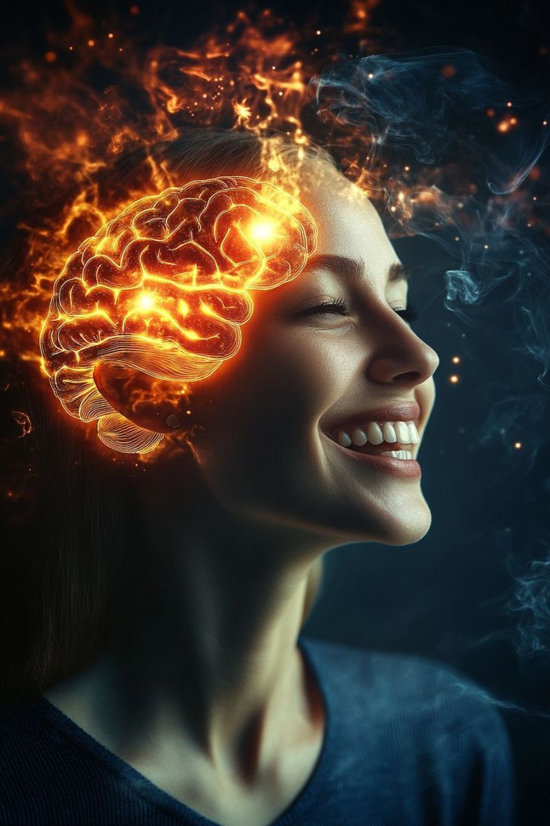Brain fire smoke woman smile head lighting glow dark imagination creativity fantasy A woman with a glowing brain illustration on her head, smiling and looking to the side. The brain is depicted with flames and smoke, suggesting a sense of energy or excitement. The woman's face is illuminated by the brain's glow, and her eyes are closed, adding to the serene and focused atmosphere. The background is dark, enhancing the contrast and focus on the woman and the brain illustration.