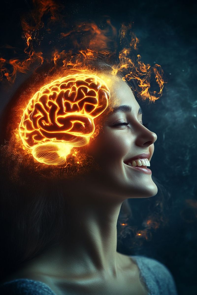 Brain fire flames head woman smiling eyes closed dark glow lighting imagination creativity inspiration A woman with her eyes closed and a smile on her face, her head is surrounded by a glowing brain illustration with flames, the brain is depicted in a fiery orange and yellow color, the background is dark and smoky, giving the impression of a mystical or supernatural theme.