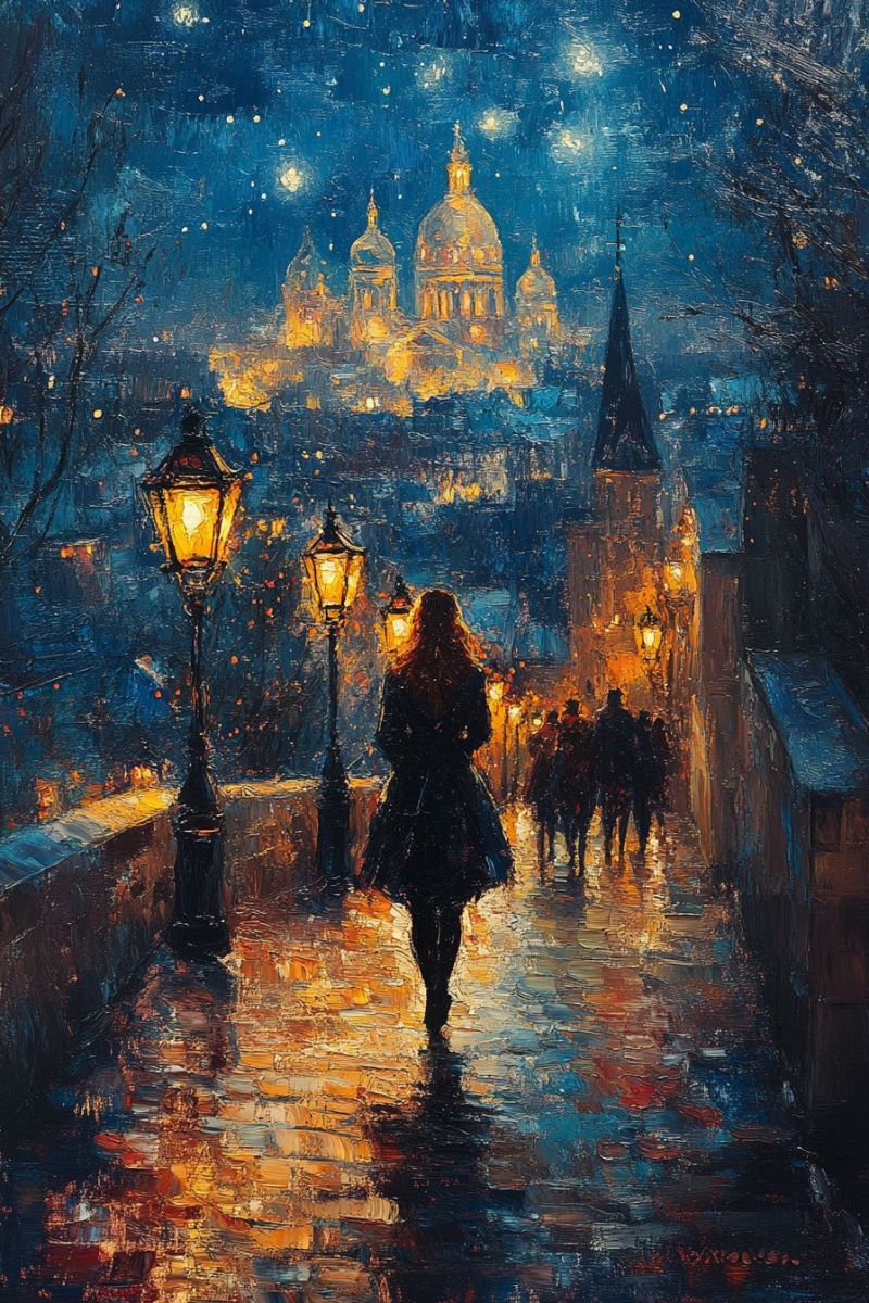 Nocturne rue urbaine ville europeenne nuit eclairage reverberes ambiance apres midi romancee couple promenant sous pluie cathedrale ill Une vue de cité romantique la nuit. Dans le plan de base, il y a une personne marchant sur une rue avec son visage tourné vers côté et son épaule, comme si elle était poursuivie ou si quelque chose l'avait attiré l'attention. Cette personne porte un manteau sombre et ses cheveux longs tombent sur les épaules. La rue est ornée d'éclairages de rue qui mettent en valeur le pavé défoncé. Des rangées de bâtiments avec une architecture traditionnelle peuvent être vues, ce qui suggère une vieille ville européenne. À l'arrière-plan, une célèbre cathédrale aux flèches se démarque contre le ciel nocturne teinté de bleu et parsemé de étoiles. La peinture est réalisée à la manière impressionniste, caractérisée par des traits d'encres lâches et des couleurs vives qui créent un effet de mouvement et de profondeur. L'ambiance générale transmise par l'oeuvre d'art est calme et rêveuse, évoquant des sentiments de romance et de wanderlust.