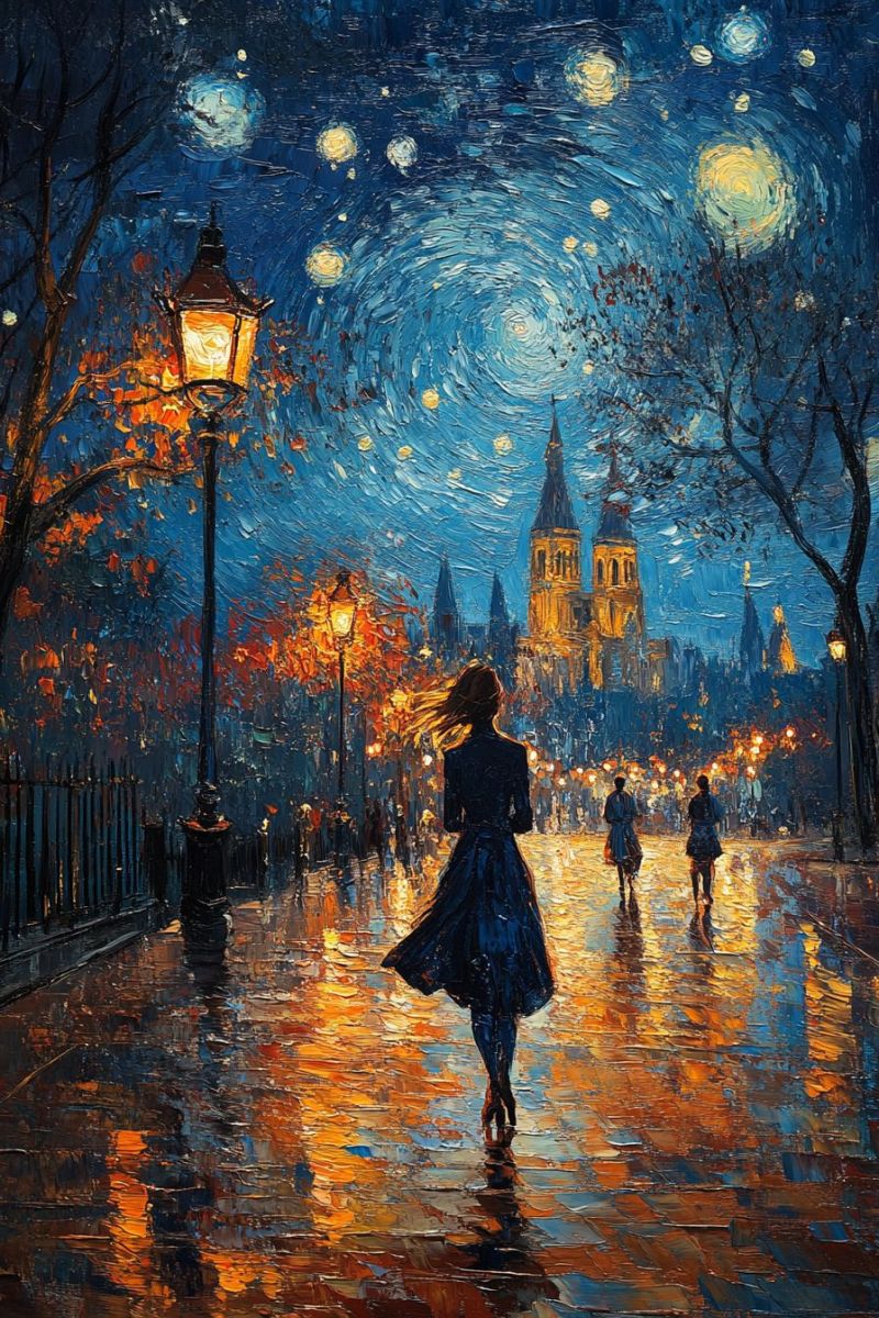 Oeuvre huile nocturne urbain impressionniste rue ville nuit marchant cathedrale tambourin soiree agreable ciel C'est une image captivante qui décrit une scène d'après-midi dans une ville. Le tableau est réalisé à la manière impressionniste, caractérisé par des traits de peinture lâches qui capturent l'esprit de la lumière et du couleur. Au centre, il y a une figure qui marche sur une rue trempée, ajoutant un sentiment de profondeur et de perspective à la composition. Le ciel nocturne est rempli de étoiles, en donnant un atmosphere magique à la scène. La villescappe présente une cathédrale en arrière-plan, illuminée par le feu doux des lumières de rue et de bâtiments. Ces éléments contribuent au ton nocturne global du morceau. Le panneau de couleur est dominé par les bleus froids et les pourpres, en contraste avec les jaunes chauds et les oranges provenant des lumières de rue et de bâtiments. L'utilisation de la lumière et de l'ombre crée un jeu dynamique entre la ténèbre et l'éclairage, mettant en valeur diverses parties de la scène. En matière d'objets, il y a une parasol à la frontière du plan, suggérant qu'il aurait plu plus tôt. Il y a aussi des figures debout sur la rue, ajoutant de l'âme à l'environnement urbain. La présence de réflexions de la pluie sur la rue trempée ajoute une couche de complexité à l'oeuvre d'art, en faisant d'elle une expérience visuelle envahissante.