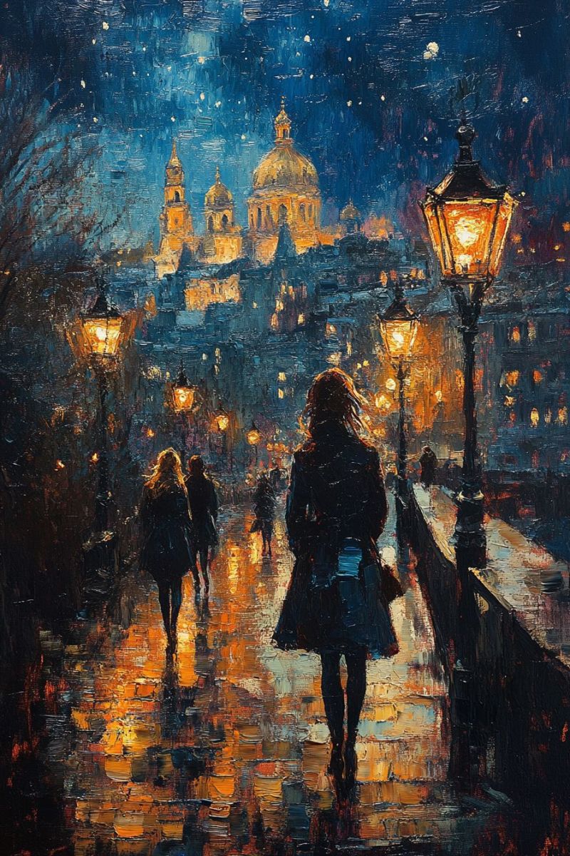 Scenario ville nuit lampe rue architecture europeenne soiree pluvieuse reflexion trottoir crepuscule atmosphere romantique Un paysage nocturne urbain calme. Au premier plan, un individu marche le long d'une rue pavée qui semble être illuminée par des lampadaires projetant des taches de lumière sur le trottoir humide, reflétant les multiples couleurs des bâtiments et des lumières environnantes. L'individu porte une petite objéctif dans sa main et est vêtu d'une robe noire avec un chapeau, ce qui suggère qu'il est préparé à la pluie froide. Il marche en direction du spectateur le long d'un chemin qui semble inviter l'exploration plus profondément dans la ville. Le milieu plan présente des bâtiments dotés de détails architecturaux tels que des fenêtres courbes et des façades décorées, indiquant une silhouette urbaine européenne. L'architecture suggère qu'il pourrait être un quartier historique, peut-être en France ou en Italie. Le ciel est un bleu foncé avec des étoiles qui indiquent que la photo a été prise à l'heure du nuit. Il y a une présence notoire de lumière provenant des lampadaires et des illuminations de bâtiments, ajoutant à l'ambiance nocturne. Au fond, on peut déduire le silhouette d'une grande construction ou d'une cathédrale, ses domes et ses pinnacles s'élevant dans le ciel nocturne. La construction n'est pas clairement identifiable mais elle contribue à la scène urbaine qui forme le fond de l'image. L'ensemble du tableau capture un moment silencieux dans un environnement urbain à la nuit, avec un individu unique additionnant une dimension humaine et une échelle au sein de la scène.