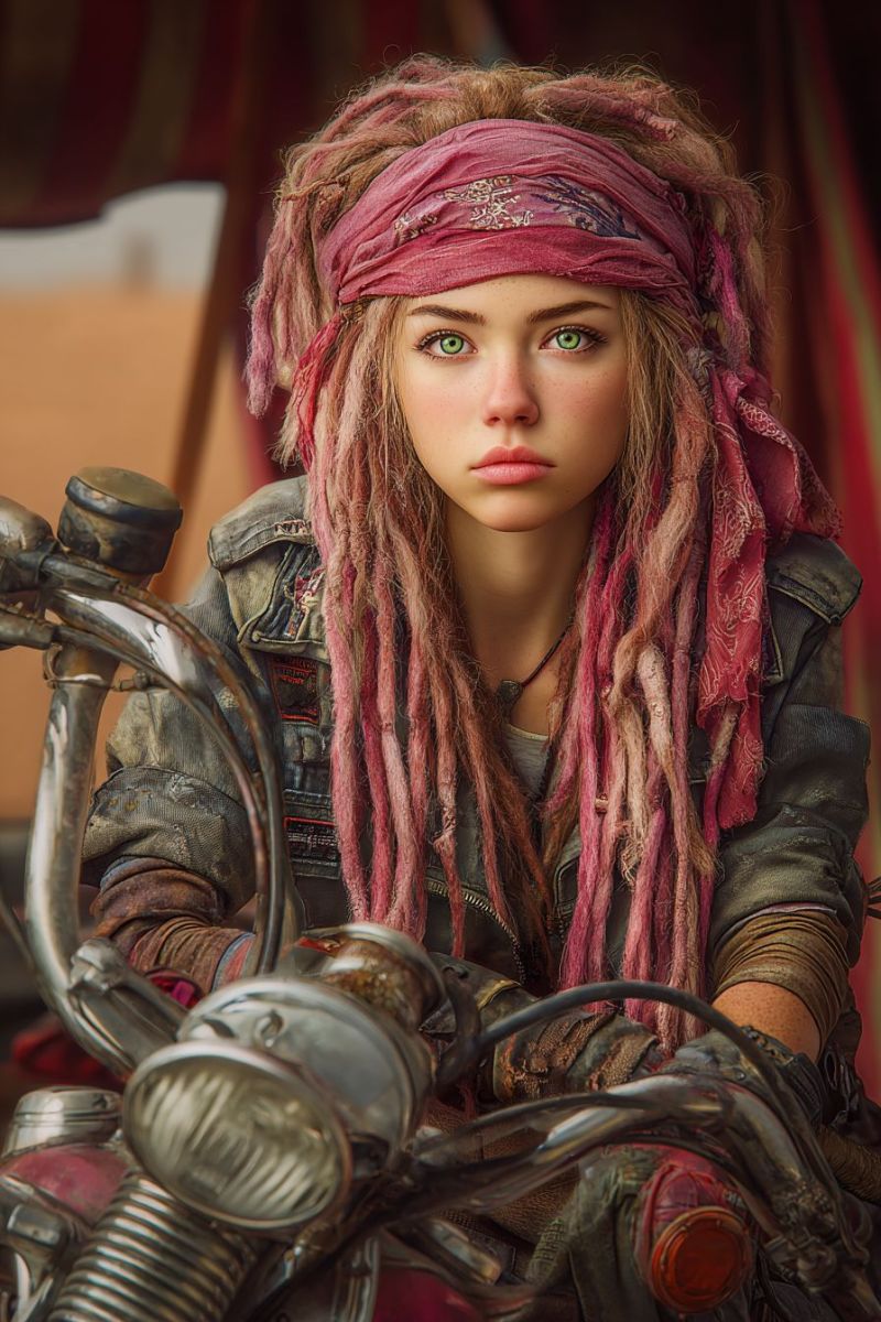 Girl woman headband dreadlocks bike motorcycle biker fashion outfit attire costume A woman with long, pink dreadlocks styled in a messy, free-flowing manner is sitting on a motorcycle. She wears a red bandana with intricate patterns on her head, covering her forehead and partially her face. Her eyes are green, and she has a serious expression. She is dressed in a worn leather jacket with patches and a black inner shirt. Her hands grip the handlebars of the motorcycle, which has a large, round headlight and a red taillight. The background is blurred, suggesting a sandy or desert-like environment.
