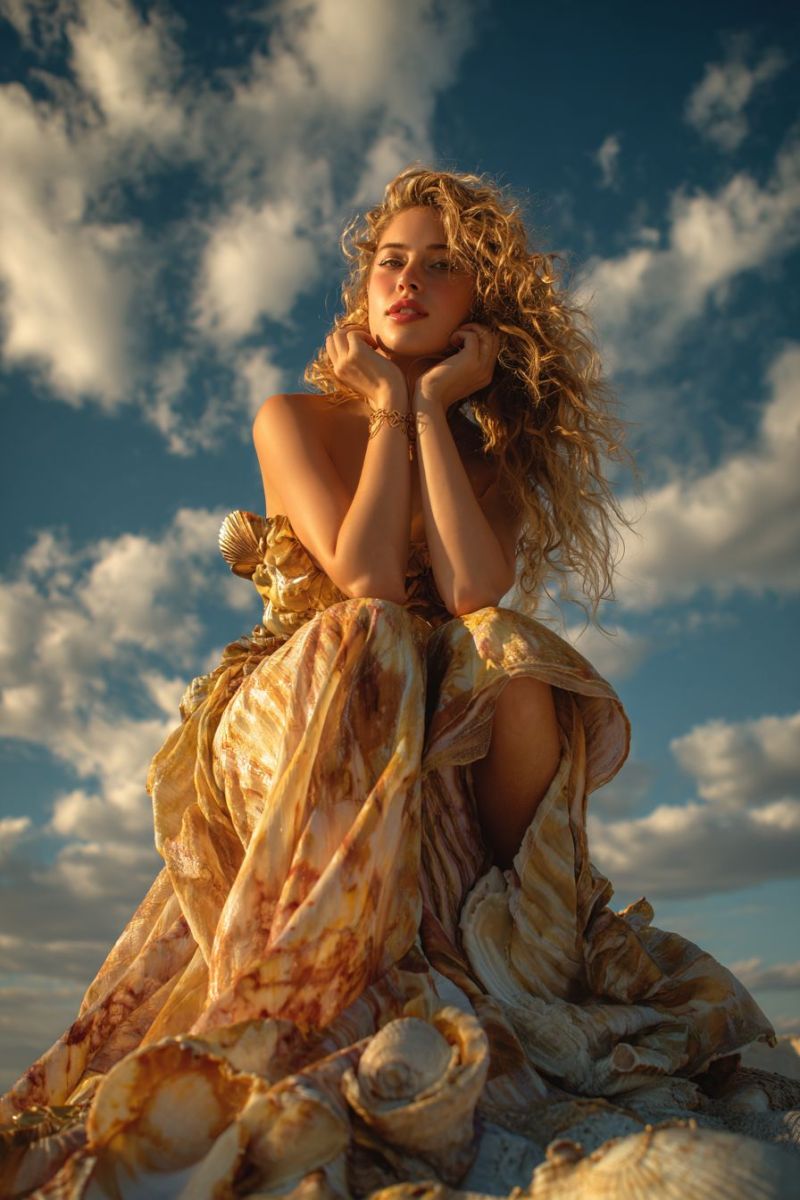 Femme robe air ciel nuages beaute elegante nature coquillages plage bouclee doree Une femme aux cheveux blonds bouclés est assise sur une surface sablonneuse, probablement une plage, les mains sur sa poitrine. Elle porte une robe fluide d'une teinte dorée avec un design en forme de coquillage sur le devant. La robe a une texture ondulée et semble être faite d'un tissu léger. Le ciel derrière elle est bleu avec des nuages éparpillés. Le regard de la femme est dirigé vers la droite, et elle semble poser pour une photographie.