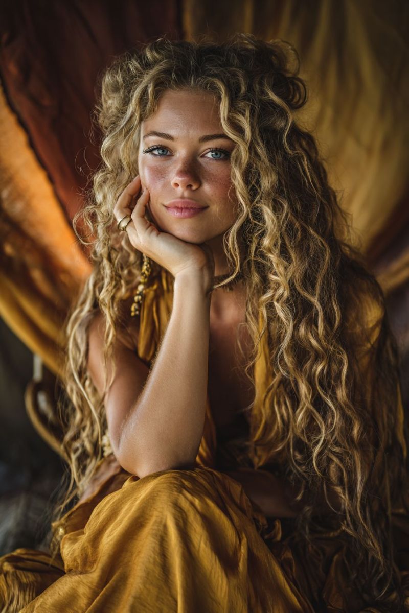 Woman smiling elegant fashion beauty hairstyle accessories jewelry makeup curly yellow dress hand natural soft focus warm tones studio shot A woman with long, curly blonde hair is sitting and posing for a photo. She has a warm, inviting smile and is wearing a golden, flowing dress. Her left hand rests gently on her cheek, while her right hand is positioned near her chin. The background features a warm, golden curtain, and the lighting highlights her features, creating a soft, glowing effect.
