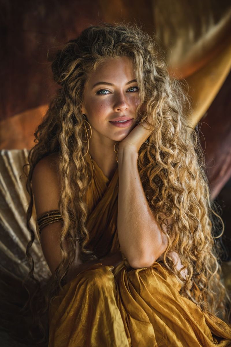 Femme souriante boucles oreilles bracelet robe assise elegante beaute studio main doree coiffure Une femme aux longs cheveux blonds bouclés est assise sur un canapé, portant une robe dorée. Elle a un sourire chaleureux et regarde directement la caméra. Sa main droite repose doucement sur sa joue, tandis que sa main gauche est placée sur son épaule. L'arrière-plan est un mélange de tons chauds et terreux, peut-être un rideau ou un mur, ajoutant une ambiance chaleureuse et intime à la scène.