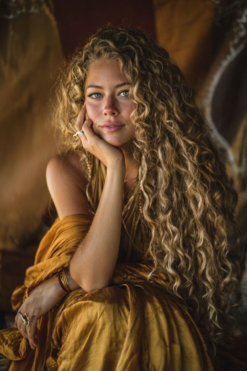 Woman sitting smiling jewelry necklace bracelet ring fashion beauty accessories moody elegant sophisticated curly hand natural soft focus A woman with long, curly blonde hair is sitting on a couch, wearing a golden dress. She has a ring on her finger and a bracelet on her wrist. She is looking to the side with a slight smile, and her hand is resting on her cheek. The background is blurry, and it seems like there is a white curtain behind her.