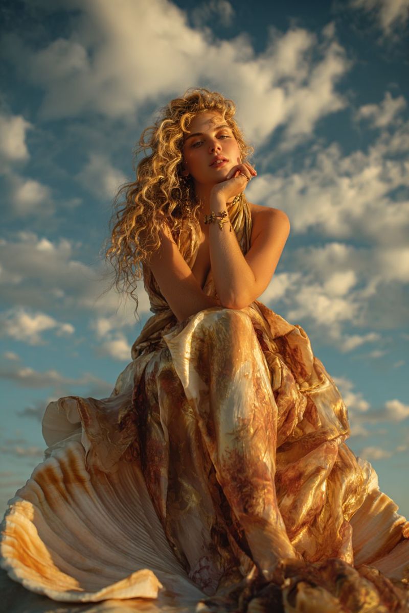 Woman dress sitting beach seashell sky clouds fashion outdoors jewelry bracelet ring hand lips gaze sunlight curly A woman with curly blonde hair is sitting on a large shell, possibly on a beach. She is wearing a flowing dress with a golden hue and a pattern that resembles a shell. She is looking to the left, with her right hand resting on her chin. The sky behind her is blue with scattered clouds. The shell she is sitting on has a spiral pattern and appears to be reflecting the sunlight.