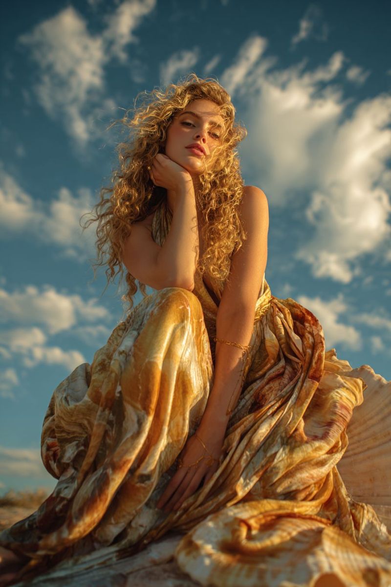 Femme beaute elegante magnifique air nature ciel nuages soleil assise bijoux bouclee doree robe Une femme aux cheveux blonds bouclés est assise sur une grande coquille, posant pour une photo. Elle porte une robe dorée et fluide avec un motif ondulé, et sa main gauche repose sur son menton tandis que sa main droite touche doucement son épaule. Le ciel derrière elle est bleu avec des nuages éparpillés, et la lumière du soleil met en valeur ses cheveux et sa robe, créant une atmosphère chaleureuse et éthérée.