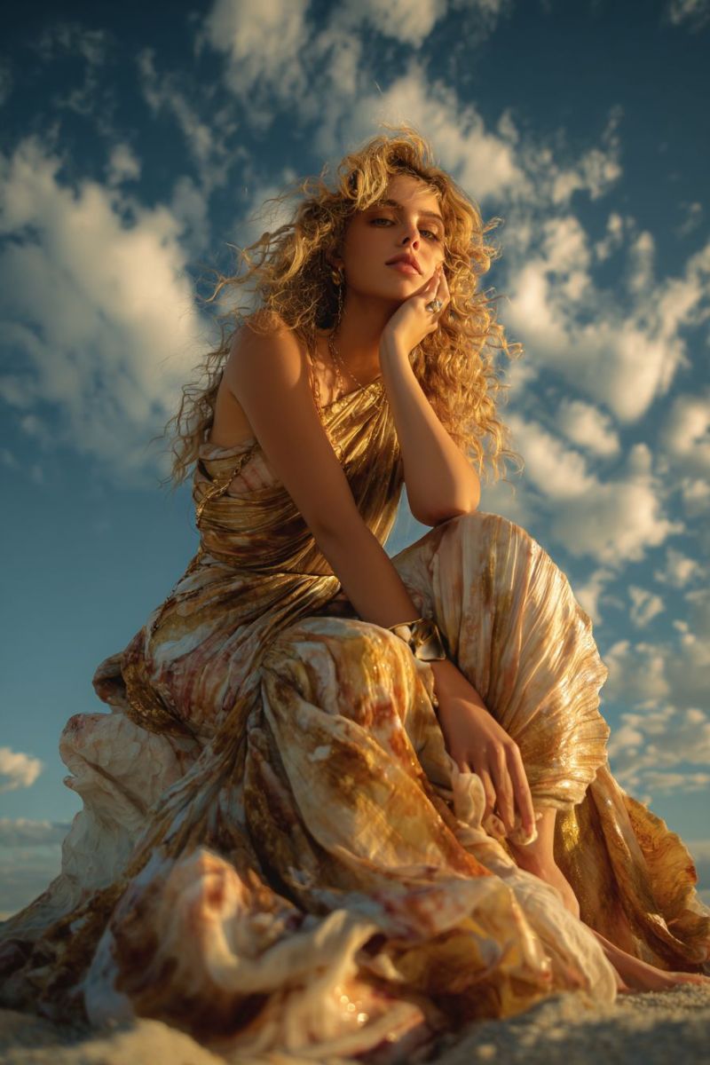 Femme robe ciel nuages plage sable bijoux bague collier boucles oreilles main doigts soleil ombre nature Une femme aux cheveux blonds bouclés est assise sur le sable, probablement sur une plage. Elle porte une robe dorée et brune avec un design drapé, et elle regarde vers la gauche avec sa main sur son menton. Elle porte un collier et une bague. Le ciel est bleu avec des nuages blancs. Le sable est blanc et semble être mouillé.