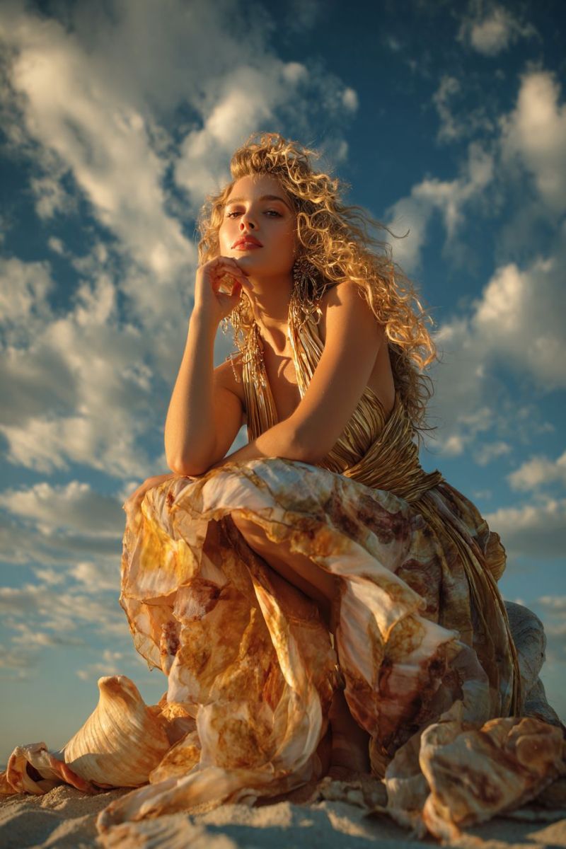 Femme plage sable robe ciel nuages air beaute elegance dore soiree porter Une femme aux cheveux blonds bouclés est assise sur le sable, probablement sur une plage. Elle porte une robe dorée avec un design fluide et a sa main gauche sur son menton, regardant vers la droite. Elle a une expression sérieuse sur le visage. Le ciel est bleu avec des nuages blancs, et les rayons du soleil luisent sur elle. Le sable est brun, et les ombres de la femme et de la robe sont projetées sur le sable.
