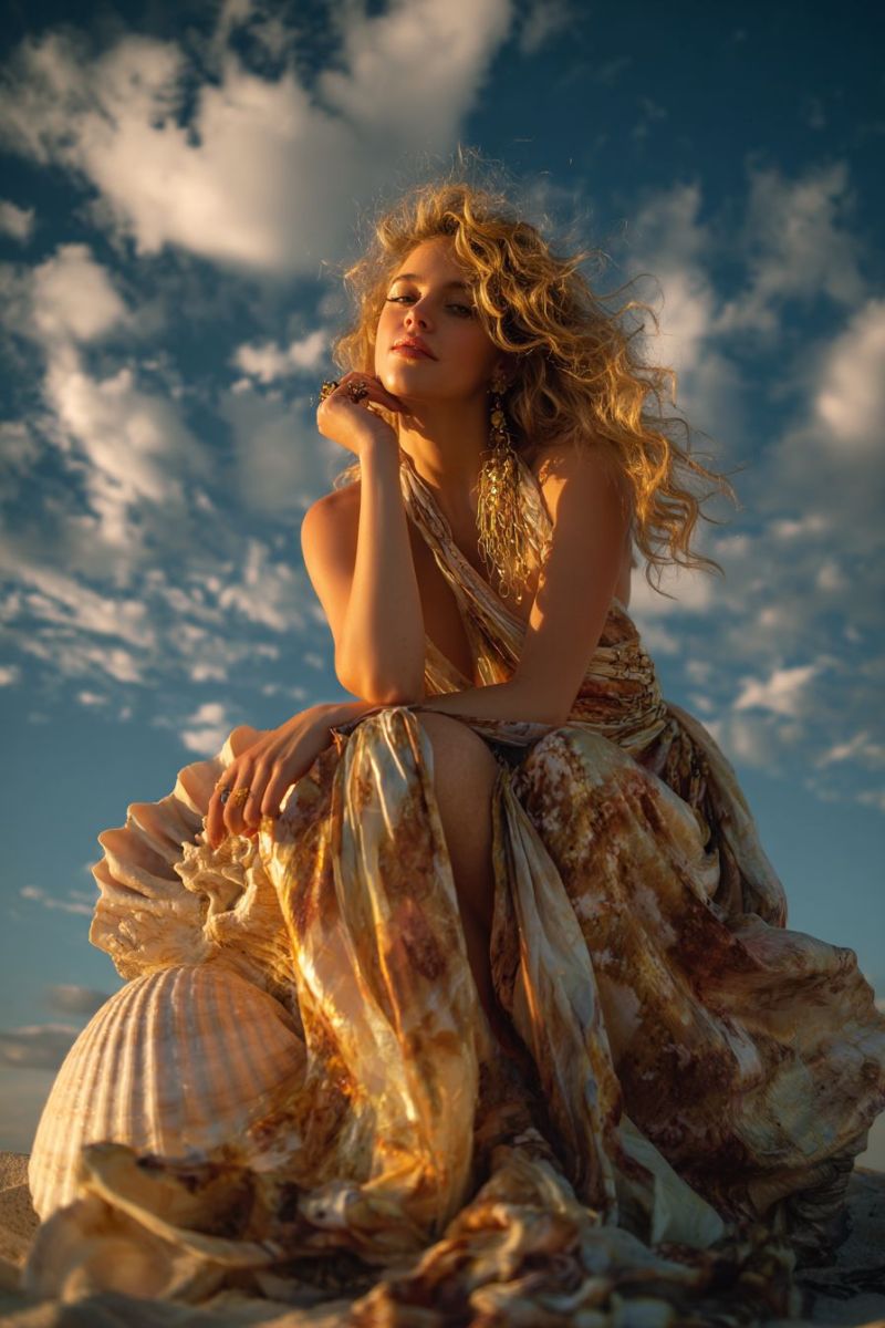 Femme robe plage coquillage sable ciel nuages boucles bijoux oreilles bague main doigts soleil air nature Une femme aux cheveux blonds bouclés est assise sur une grande coquille sur une plage de sable. Elle porte une robe fluide de couleur dorée avec des motifs complexes. Sa main gauche repose sur son menton et sa main droite touche doucement son épaule. Elle regarde vers la gauche, posant peut-être pour une photographie. Le ciel derrière elle est bleu avec des nuages épars.