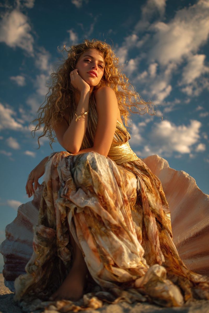 Femme plage robe bijoux main oreille boucle bague cou collier ciel nuage soleil sable coquillage Une femme aux cheveux blonds bouclés est assise sur une grande coquille sur une plage de sable. Elle porte une robe fluide dorée et blanche qui couvre ses jambes et une partie de son torse. Elle a une main sur son menton et l'autre posée sur sa cuisse, regardant vers la droite. Le ciel derrière elle est bleu avec des nuages éparpillés.