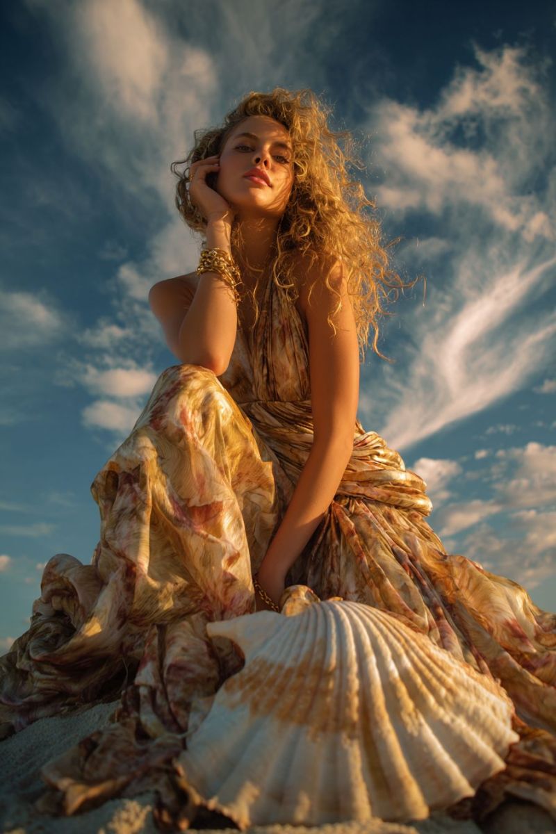 Femme plage coquillage robe bijoux sable ciel nuages air elegance beaute nature boucles Une femme aux cheveux blonds bouclés est assise sur une plage de sable, portant une robe fluide avec un motif de brun et d'or. Elle regarde vers la droite, sa main droite posée sur sa joue. Elle porte un bracelet et une chaîne. Devant elle se trouve une grande coquille. Le ciel est bleu avec des nuages blancs.