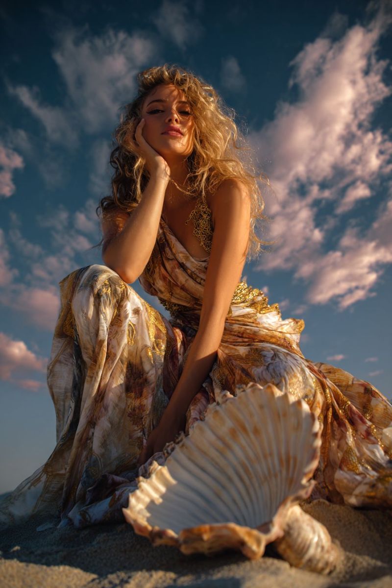 Femme plage sable coquillage robe air elegance bijoux collier main ciel nuages coucher soleil boucle Une femme aux cheveux blonds bouclés est assise sur le sable, portant une robe fluide avec un motif doré. Elle a sa main gauche sur son menton et sa main droite posée sur sa cuisse. Elle regarde vers la droite, posant peut-être pour une photo. Une grande coquille est placée devant elle. Le ciel est bleu avec quelques nuages.