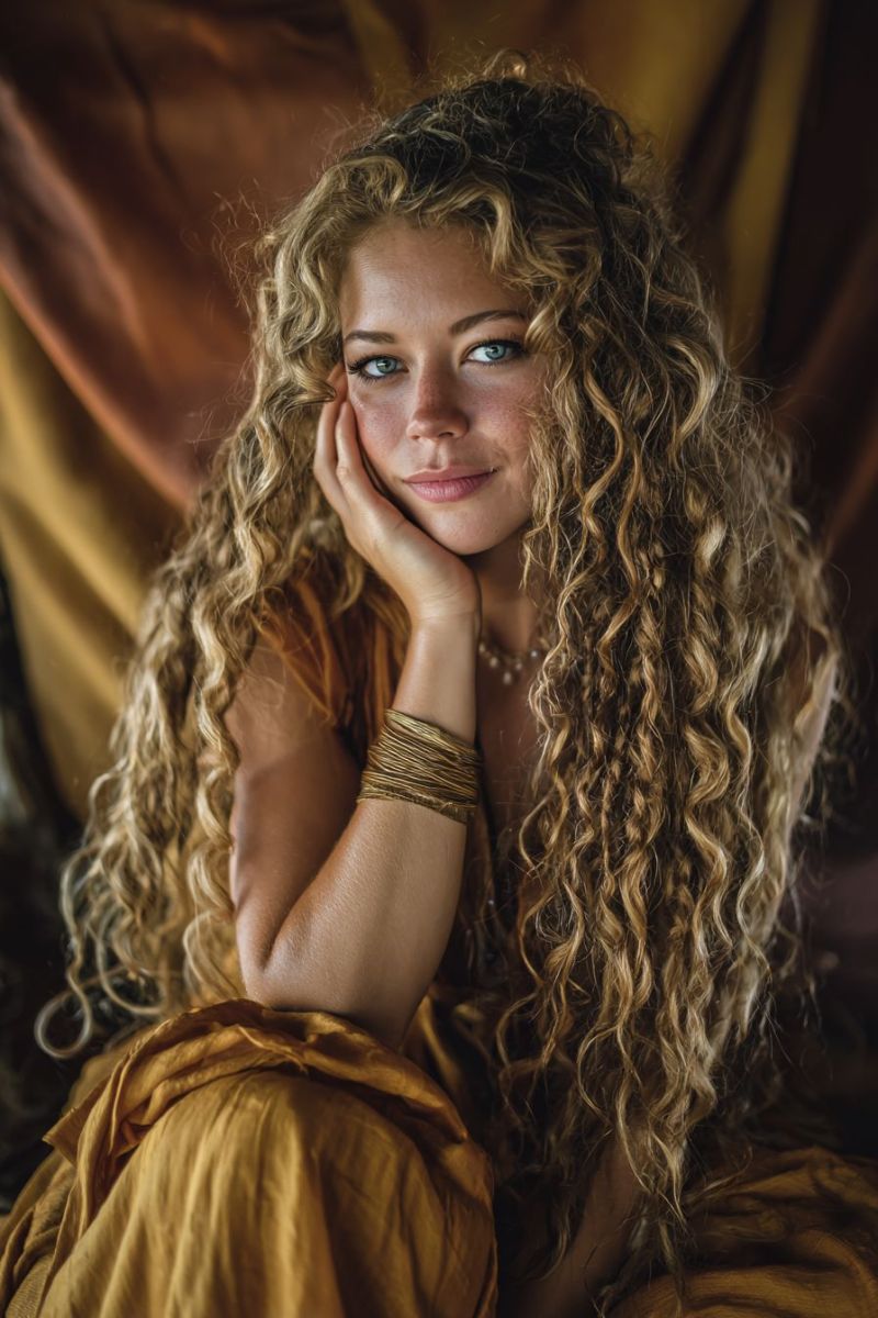Femme souriant bracelet collier studio eclairage beaute accessoires bijouterie coiffure boucle main jaune robe Une femme aux longs cheveux blonds bouclés est assise sur un canapé, portant une robe dorée. Elle a un doux sourire et repose sa main sur sa joue. Ses cheveux sont coiffés en boucles lâches, et elle porte un collier avec un pendentif. Le fond est une chaude tenture brun-dorée, et l'éclairage est doux, créant une atmosphère chaleureuse et intime.