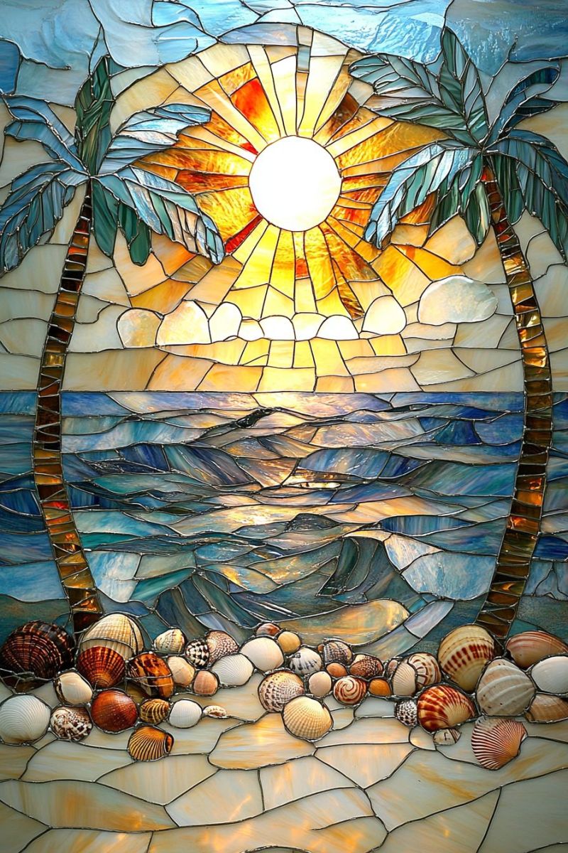 Mosaic beach sea sun shells waves sky clouds sunrise tropical decorative colorful nature outdoors glass pattern stained palm trees A vibrant stained glass window depicts a serene beach scene. The upper section features a radiant sun with rays of yellow, orange, and red light. Below the sun, there are two palm trees with lush green leaves, their trunks extending down to the sandy beach. The beach is adorned with a variety of colorful seashells scattered across the sand. The ocean in the background is depicted with waves in shades of blue and green, creating a tranquil and picturesque coastal landscape.