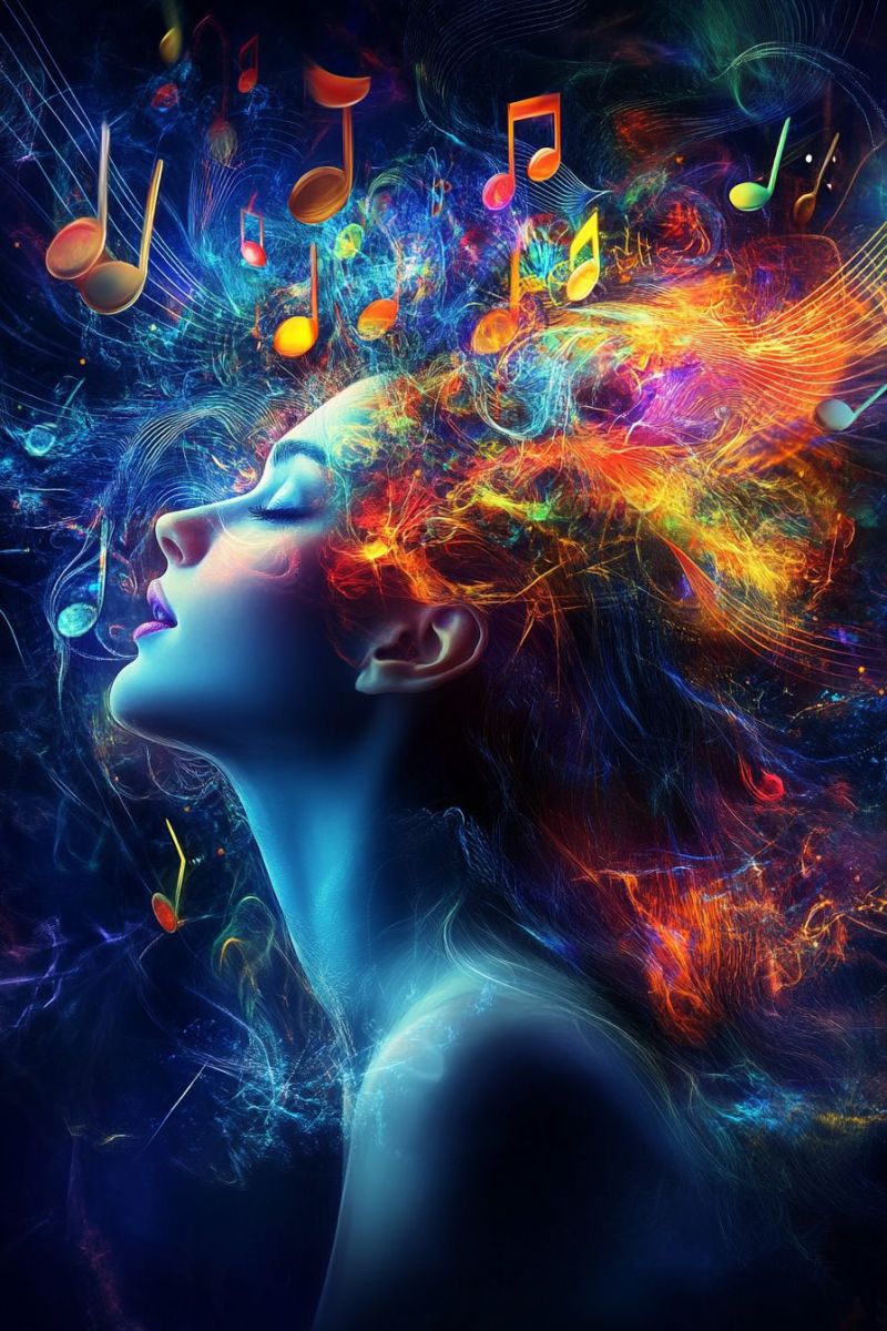 Blue colorful concept creativity dream fantasy fire flames glow hair imagination music notes sound A woman with her eyes closed, her hair flowing and illuminated by vibrant colors, appears to be lost in a musical reverie. Her hair is a mix of blue, red, and yellow hues, with musical notes floating around her head. The background is a swirling mix of colors, including blues, reds, and yellows, with musical notes scattered throughout. The overall effect is one of movement and energy, as if the woman is dancing to the rhythm of the music.