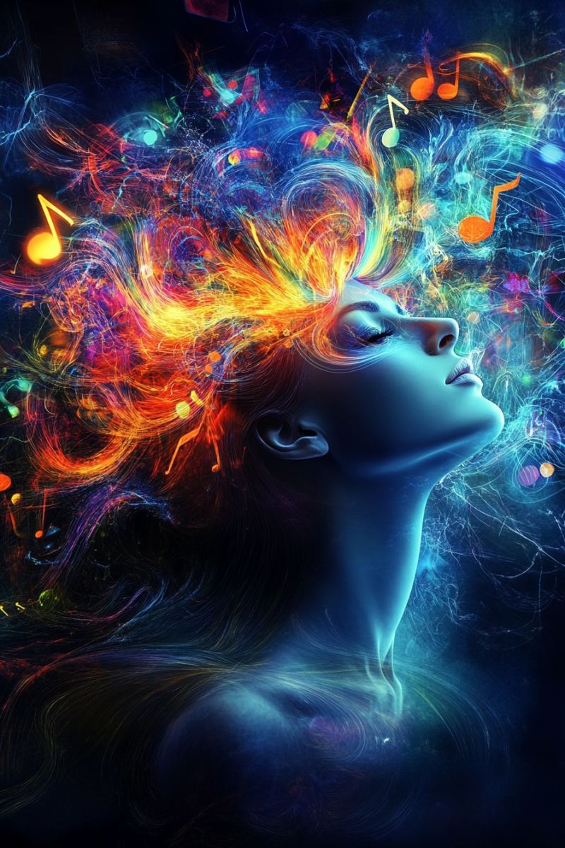Blue colorful concept dream fantasy fire flame flames glow hair imagination music notes orange red woman with her eyes closed, her hair flowing freely and illuminated by vibrant, multicolored lights. Her hair is a mix of blue, orange, and yellow hues, with musical notes and symbols floating around her head. The background is a blend of dark blue and purple, with abstract patterns and more musical notes scattered throughout. The overall effect is surreal and artistic, with a focus on the interplay of light, color, and music.