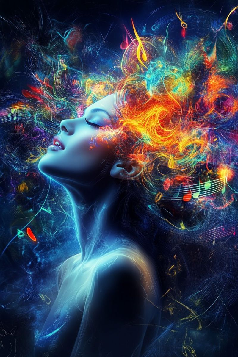 Blue colorful concept dream fantasy fire flame flames glow hair imagination music notes pattern red woman with her eyes closed, appearing to be in a state of deep meditation or trance. Her hair is flowing and appears to be made of vibrant, swirling colors, including shades of blue, yellow, orange, and pink. The colors seem to be moving and blending together, creating a dynamic and almost ethereal effect. The background is a mix of dark and light colors, with musical notes and symbols scattered throughout, adding to the artistic and musical theme of the image. The overall effect is one of beauty, tranquility, and inspiration.
