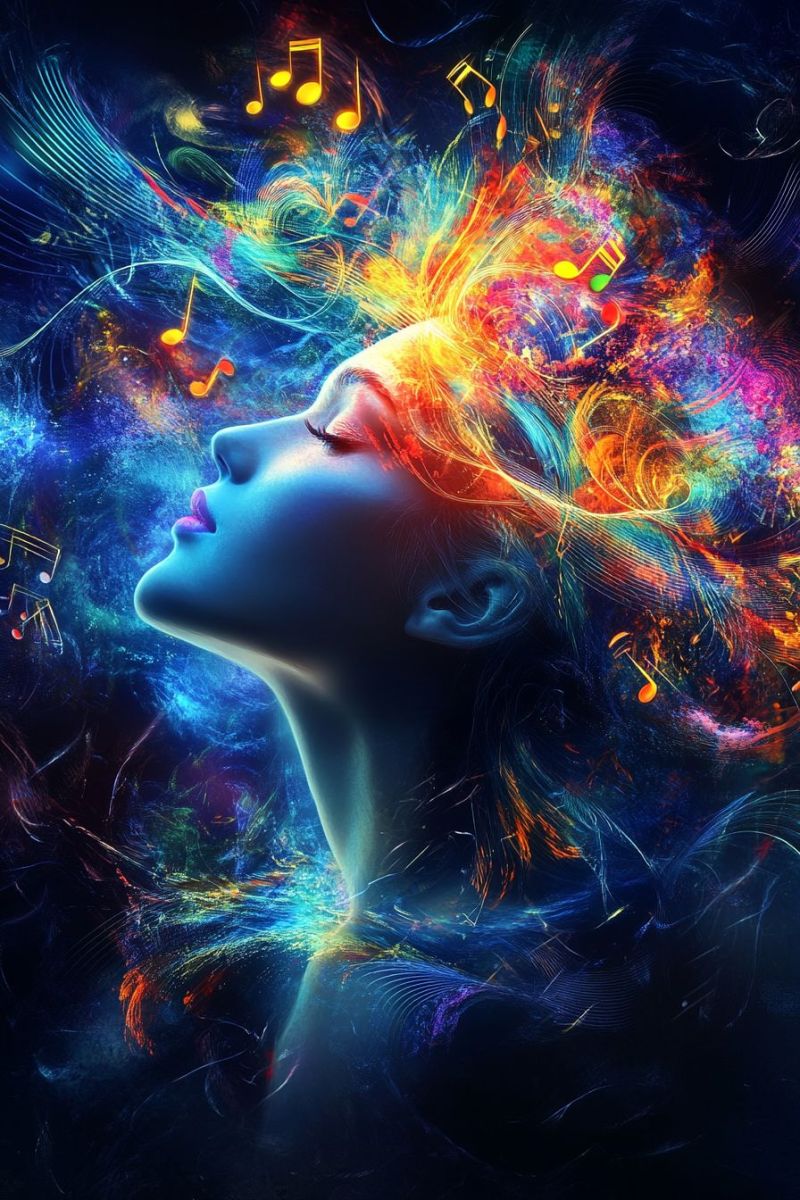 Beauty blue colorful concept dream fantasy fire flame flames glow hair imagination music notes red woman with her eyes closed, her face illuminated by a soft, ethereal light. Her hair flows freely, blending into a vibrant, abstract background filled with swirling colors and musical notes. The background is a mix of blues, reds, yellows, and greens, creating a dynamic and lively atmosphere. Musical notes float around her head, some in motion, adding to the sense of harmony and creativity. The overall effect is one of inspiration and artistic expression.