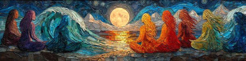 Mosaique meditation femmes ocean vagues lune nuit etoiles ciel plage reflexion coucher soleil calme harmonie Oeuvre en mosaïque représentant sept femmes assises en cercle sur une plage la nuit. Chaque femme est vêtue d'une robe fluide d'une couleur différente, allant du violet profond au jaune vif. L'arrière-plan montre une grande vague s'écrasant sur le rivage, avec une pleine lune illuminant la scène. Le ciel est rempli d'étoiles, et au loin, il y a des silhouettes de montagnes. Les femmes sont en pose méditative, face à la lune, créant une atmosphère sereine et mystique
