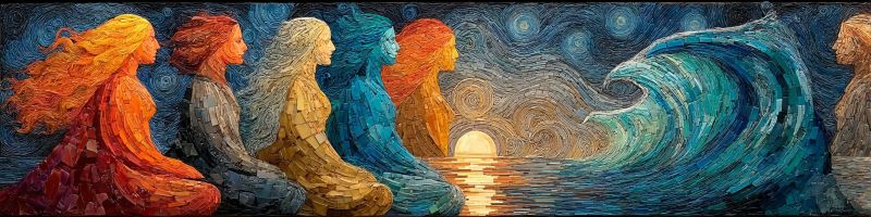 Mosaique femmes colorees vagues ocean lever soleil ciel nuit etoiles reflexion eau texture design L'oeuvre d'art présente une série de cinq femmes, chacune avec des cheveux flottants, debout en rangée face au spectateur. Elles sont représentées dans des couleurs vibrantes, avec les cheveux et les robes de chaque femme reflétant différentes nuances de rouge, orange, jaune, bleu et vert. Le fond montre une scène dramatique avec une grande vague s'écrasant vers le rivage, éclairée par la chaleur douce du soleil couchant. Le ciel au-dessus est d'un bleu profond, parsemé d'étoiles, créant une atmosphère sereine mais puissante. La vague est composée de tuiles de mosaïque complexes, ajoutant texture et profondeur à l'oeuvre. Les femmes semblent être en position méditative, leurs regards dirigés vers l'horizon où le soleil se couche