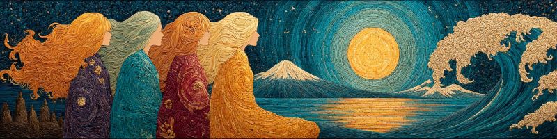 Nuit ciel lune etoiles eau vagues ocean montagne arbres foret reflet fantaisie onirique mystique nature L'oeuvre d'art représente trois femmes debout en rangée, face à l'observateur. Leurs longs cheveux fluides descendent le long de leurs dos, la femme de gauche ayant des cheveux dorés, celle du milieu des cheveux verts, et celle de droite des cheveux foncés. Elles sont vêtues de vêtements colorés et fluides qui scintillent avec des motifs complexes. Derrière elles, il y a une scène d'océan sereine avec une grande vague au premier plan, dont la crête est ornée de reflets dorés. Le ciel est d'un bleu profond, parsemé d'étoiles, et une pleine lune brillante illumine la scène, projetant une lueur chaude sur l'eau et les femmes. Au loin, un majestueux sommet montagneux s'élève contre le ciel nocturne, ajoutant à l'atmosphère tranquille et mystique de la peinture