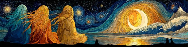 Nuit ciel etoiles lune eau vagues ocean montagnes fantaisie onirique geometrique mosaique Trois femmes sont assises ensemble sur une plage sous un ciel nocturne. La femme à gauche a de longs cheveux bleus fluides et porte une robe bleue. La femme du milieu a de longs cheveux dorés fluides et porte une robe orange. La femme à droite a de longs cheveux dorés fluides et porte une robe jaune. Derrière elles, le ciel est rempli d'étoiles, et un croissant de lune est visible. La lune est entourée d'un halo doré, et les vagues de l'océan sont illuminées par sa lumière. Au loin, il y a une chaîne de montagnes avec des pics enneigés.