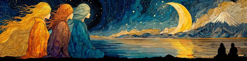 Nuit ciel etoiles lune eau montagnes reflet nuages texture impressionnisme van gogh etoilee Dans le tableau, trois figures sont assises près d'un corps d'eau serein sous un ciel nocturne. La femme à gauche a de longs cheveux dorés et fluides et porte une robe orange chaude. La femme au milieu a des cheveux roux ardents et est vêtue d'une robe violet foncé. La femme à droite a de longs cheveux blancs et fluides et porte une robe bleu clair. Elles sont toutes tournées vers l'eau, qui reflète la douce lueur de la lune et des étoiles. La lune est un croissant brillant, et le ciel est rempli d'étoiles scintillantes. En arrière-plan, il y a des montagnes et une silhouette d'un volcan sous un ciel nuageux.