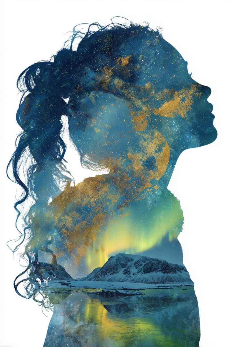 Woman mountain water reflection sky night aurora texture design A silhouette of a woman with long, wavy hair is depicted against a back of a serene, snowy landscape. The silhouette is filled with a blend of deep blue and gold hues, creating a starry night effect. The woman's hair flows down her back, and her face is turned to the right, with her eyes closed. The background features a mountain range with snow-covered peaks, and the sky is illuminated by the vibrant colors of the aurora borealis, with green and yellow hues. The reflection of the aurora and the mountains can be seen in the water below, adding to the tranquil and mystical atmosphere of the image.
